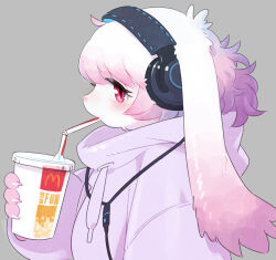 1girl animal_ears blush claws cup disposable_cup drawstring drinking drinking_straw from_side furry furry_female gradient_hair grey_background headphones holding holding_cup hood hood_down hoodie mcdonald&#039;s multicolored_hair original picogames_off pink_eyes pink_hair profile rabbit_ears rabbit_girl simple_background solo white_hair white_hoodie