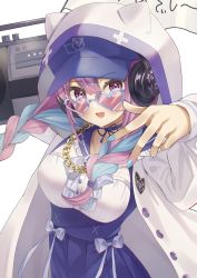 Rule 34 | 1girl, :d, absurdres, anchor symbol, baseball cap, black choker, blouse, blue hair, blue hat, blue skirt, bow, braid, breasts, chain, character profile, choker, collarbone, commentary request, flag, gold chain, grey bow, hair between eyes, hat, headphones, highres, hololive, hood, hood up, hooded jacket, jacket, long hair, long sleeves, looking at viewer, medium breasts, minato aqua, minato aqua (sailor), multicolored hair, nail polish, neko (minato aqua), on shoulder, open clothes, open jacket, open mouth, pink hair, pleated skirt, puffy long sleeves, puffy sleeves, purple eyes, shirt, simple background, skirt, smile, solo, stereo, streaked hair, translation request, twin braids, twintails, virtual youtuber, white background, white jacket, white shirt, yoshidadon