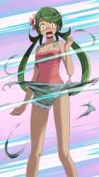 Rule 34 | 1girl, bare arms, bare legs, blouse, blush, breasts, cleavage, collarbone, creatures (company), fang, floating hair, game freak, green eyes, green hair, grey shorts, highres, long hair, mallow (pokemon), medium breasts, nintendo, open mouth, pink shirt, pokemon, pokemon sm, shirt, short shorts, shorts, skin fang, sleeveless, sleeveless shirt, solo, standing, swept bangs, tearing up, tears, torn clothes, torn shorts, tsukishiro saika, very long hair, wavy mouth