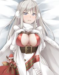 Rule 34 | 1girl, azur lane, bad id, bad pixiv id, belt, blush, breasts, cape, cleavage, cleavage cutout, clothing cutout, commentary request, doll, earmuffs, enterprise (azur lane), fur-trimmed cape, fur-trimmed gloves, fur trim, gloves, grey hair, large breasts, long hair, lying, on back, on ground, purple eyes, rudolph the red nosed reindeer, sack, sayumi yoichi, scarf, snow, solo, wavy mouth