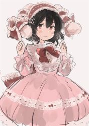 Rule 34 | 1girl, :|, absurdres, alternate costume, animal ears, bad id, bad twitter id, black hair, blush, bow, bowtie, bubble skirt, buttons, carrot, check commentary, closed mouth, commentary request, cowboy shot, dress, embarrassed, floppy ears, frilled dress, frilled hairband, frills, grey background, hair between eyes, hair ribbon, hairband, hands up, highres, inaba tewi, lace, lace-trimmed dress, lace trim, lolita hairband, long sleeves, looking away, looking to the side, nervous, orange eyes, pink bow, pink dress, popped collar, rabbit ears, red bow, red bowtie, red eyes, red ribbon, ribbon, ribbon-trimmed dress, ribbon-trimmed hairband, short hair, simple background, skirt, solo, sweatdrop, touhou, tsukiori, white ribbon, wrist bow