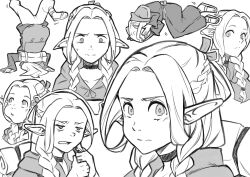 Rule 34 | 1girl, :t, absurdres, annoyed, braid, breakdance, closed mouth, dungeon meshi, elf, expressionless, expressions, fetal position, greyscale, head spin, highres, long hair, long sleeves, looking at viewer, lying, marcille donato, monochrome, multiple views, on side, open mouth, pointy ears, simple background, sketch, tnkaban, white background