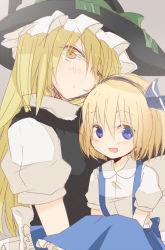 Rule 34 | 2girls, age difference, alice margatroid, alice margatroid (pc-98), aoi (annbi), black dress, blonde hair, blue eyes, dress, hair over one eye, hair ribbon, hat, kirisame marisa, multiple girls, open mouth, puffy short sleeves, puffy sleeves, ribbon, shirt, short sleeves, skirt, smile, suspenders, touhou, touhou (pc-98), witch hat, yellow eyes, aged down