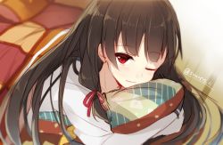 Rule 34 | 10s, 1girl, black hair, hiiragi souren, isokaze (kancolle), kantai collection, long hair, looking at viewer, lying, hugging object, on stomach, one eye closed, pillow, pillow hug, quilt, red eyes, solo