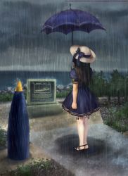Rule 34 | 1girl, black hair, blue dress, blue ribbon, cloud, commentary, commission, dark clouds, dress, english commentary, full body, grey sky, hat, highres, holding, holding umbrella, iowa (pacific), iowa point (norfolk), kantai collection, legs together, long hair, melisaongmiqin, name connection, object namesake, outdoors, overcast, pacific (kancolle), puffy short sleeves, puffy sleeves, rain, real world location, ribbon, ribbon-trimmed legwear, ribbon trim, salute, short sleeves, sky, standing, sun hat, umbrella, uss iowa (bb-61), white headwear, white legwear