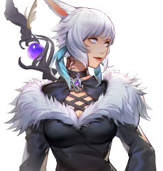 Rule 34 | 1girl, absurdres, animal ears, aqua eyes, breasts, brooch, closed mouth, collar, feathers, final fantasy, final fantasy xiv, fur trim, highres, jewelry, looking away, medium breasts, miqo&#039;te, neck tattoo, q18607, short hair, smile, solo, staff, tattoo, upper body, weapon, weapon on back, white background, white hair, y&#039;shtola rhul