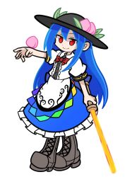 Rule 34 | 1girl, apron, black hat, blue hair, blue skirt, boots, bow, bowtie, brown footwear, buttons, center frills, collared shirt, commentary, cross-laced footwear, flat chest, frilled apron, frilled skirt, frills, hat, hinanawi tenshi, leaf hat ornament, long hair, parody, peach hat ornament, puffy short sleeves, puffy sleeves, puyopuyo, rainbow gradient, red bow, red bowtie, red eyes, shinmon akika, shirt, short sleeves, simple background, skirt, solo, style parody, sword of hisou, touhou, waist apron, white apron, white background, white shirt