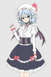 Rule 34 | 1girl, :&gt;, alternate costume, bat wings, black skirt, blue hair, bow, buttons, closed mouth, grey background, hand up, hat, hat ribbon, high-waist skirt, juliet sleeves, junior27016, long sleeves, looking at viewer, mob cap, neck ribbon, pointy ears, puffy sleeves, red bow, red hair, red ribbon, remilia scarlet, ribbon, simple background, sketch, skirt, solo, standing, touhou, white hat, wings