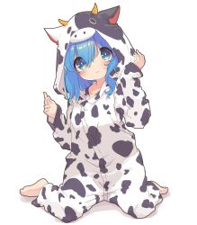 Rule 34 | 1girl, animal costume, animal print, aoi tori, arm up, barefoot, blue hair, blush, closed mouth, collarbone, commentary request, cow costume, cow hood, cow print, full body, furrowed brow, green eyes, hair between eyes, hand up, highres, hood, hood up, long hair, long sleeves, looking at viewer, original, sidelocks, simple background, sitting, solo, teru-chan (aoi tori), wariza, white background, wrinkled fabric