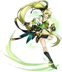 Rule 34 | 1girl, :d, anemos (elsword), artist request, black bow, black footwear, black gloves, black skirt, boots, bow, detached sleeves, elsword, fingerless gloves, full body, gloves, green eyes, green hair, hair bow, highres, knee boots, long hair, looking at viewer, official art, open mouth, ponytail, rena erindel, skirt, smile, solo, tattoo, transparent background, very long hair