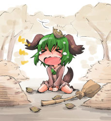 Rule 34 | &gt; &lt;, 1girl, animal ears, autumn leaves, blush, broom, brown dress, crying, dress, closed eyes, forest, green hair, kasodani kyouko, long sleeves, nature, open mouth, pile, screaming, shinapuu, sitting, solo, tail, tears, touhou, v arms, wariza, wavy mouth