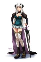 Rule 34 | 1girl, green eyes, horns, looking at viewer, meago, miniskirt, mirage noir, noire (mirage noir), simple background, skirt, solo, succubuss, tagme, thighhighs, victorian clothes, white background, white hair