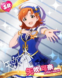 Rule 34 | 10s, 1girl, card (medium), character name, character signature, gradient background, grateful blue (idolmaster), hat, heart, idolmaster, idolmaster million live!, jpeg artifacts, looking at viewer, million live card, necktie, official art, open mouth, pleated skirt, short hair, signature, skirt, solo, sparkle, striped background, yabuki kana