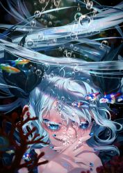 Rule 34 | 1girl, air bubble, blue eyes, blue hair, blue nails, blurry, blurry background, blurry foreground, bubble, close-up, colored eyelashes, commentary, coral, depth of field, fish, hair ribbon, half-closed eyes, hand to own mouth, hatsune miku, highres, korean commentary, light blue hair, long hair, looking down, mixed-language commentary, nail polish, oohhya, own hands together, portrait, ribbon, shinkai shoujo (vocaloid), twintails, underwater, very long hair, vocaloid