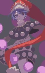 Rule 34 | 1girl, absurdres, arms up, black dress, blue hair, closed mouth, commentary request, doremy sweet, dress, eyes visible through hair, grey background, grey dress, hands up, hat, highres, ichirugi, looking at viewer, pom pom (clothes), purple eyes, red hat, short hair, short sleeves, simple background, solo, standing, teeth, touhou