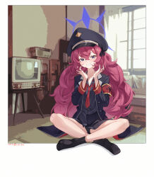 Rule 34 | 1girl, absurdres, armband, black hat, black panties, black ribbon, black shirt, black socks, blue archive, coat, cyan yu, dated, dial television, hair between eyes, hair ribbon, halo, hat, highres, indoors, iroha (blue archive), long hair, long sleeves, looking at viewer, necktie, on floor, open clothes, open coat, panties, peaked cap, red armband, red hair, red necktie, ribbon, safety pin, shirt, sitting, skirt, socks, solo, television, underwear, very long hair