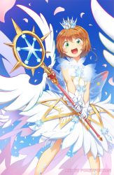 Rule 34 | 1girl, artist name, blue background, cardcaptor sakura, cherry blossoms, commentary, crown, dress, feet out of frame, foreshortening, from below, gloves, green eyes, happy, kinomoto sakura, looking at viewer, looking down, magical girl, open mouth, orange hair, pokey, smile, solo, staff, standing, watermark, white dress, white gloves