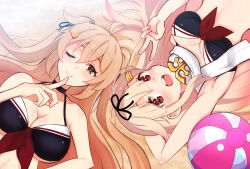 Rule 34 | 2girls, adapted costume, ball, beachball, bikini, black bikini, black ribbon, blonde hair, breasts, cleavage, hair flaps, hair ornament, hair ribbon, hairclip, kantai collection, kuroten, large breasts, light brown hair, long hair, looking at viewer, medium breasts, multiple girls, murasame (kancolle), murasame kai ni (kancolle), one eye closed, open mouth, red eyes, ribbon, round teeth, scarf, swimsuit, teeth, two side up, upper body, upper teeth only, v, white scarf, yuudachi (kancolle), yuudachi kai ni (kancolle)