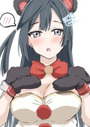 Rule 34 | 1girl, :o, animal ears, black hair, black mittens, blush, breasts, cleavage, commentary request, dated, dress, exciting animal (love live!), furrowed brow, grey eyes, hands on own chest, long hair, looking at viewer, love live!, love live! nijigasaki high school idol club, love live! school idol festival all stars, medium breasts, mittens, one side up, panda ears, solo, spoken blush, tamaao (tamaao31241), twitter username, upper body, white dress, yuki setsuna (love live!)