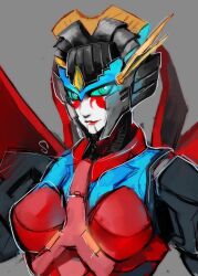 Rule 34 | breasts, colored sclera, green eyes, green sclera, grey background, humanoid robot, makeup, mechanical wings, medium breasts, no humans, red lips, robot, robot girl, science fiction, sesame ange, transformers, transformers: generation 1, upper body, windblade, wings