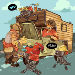 Rule 34 | 22 (tak ja), 2boys, bad id, bad pixiv id, boots, cloud, day, drink, drinking straw, engineer (tf2), full body, glasses, gloves, hard hat, hat, heart, helmet, male focus, multiple boys, no headwear, open mouth, outdoors, red engineer (tf2), red sniper (tf2), robot, rv, sentry, single glove, sky, sniper (tf2), speech bubble, spoken heart, standing, sunglasses, team fortress 2, vehicle, watch, wristwatch