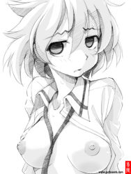 Rule 34 | 1girl, blush, breasts, gofu, greyscale, kosegawa shiromi, looking at viewer, monochrome, nipples, open clothes, open mouth, open shirt, partially undressed, saki (manga), shirt, short hair, sketch, solo, traditional media, white hair
