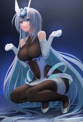 Rule 34 | 1girl, :3, absurdres, artist name, azur lane, bare shoulders, black bodysuit, black legwear, blue eyes, blue hair, bodystocking, bodysuit, breasts, c.h.a, cleavage, closed mouth, commentary request, covered navel, detached sleeves, elbow gloves, full body, gloves, hair between eyes, high heels, highres, light blue hair, light blush, long hair, looking at viewer, multicolored hair, new jersey (azur lane), shadow, solo, sparkle, squatting, streaked hair, two-tone hair, very long hair, wavy mouth, white gloves
