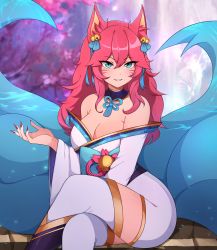 Rule 34 | 1girl, absurdres, ahri (league of legends), animal ears, bare shoulders, bell, blush, breasts, cleavage, collarbone, crossed legs, facial mark, fingernails, fox ears, fox girl, fox tail, green eyes, hair bell, hair ornament, highres, large breasts, league of legends, lips, long hair, looking at viewer, nail polish, parted lips, pink hair, pink nails, rukiadaichi, sharp fingernails, sitting, smile, solo, spirit blossom ahri, tail