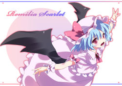 Rule 34 | 1girl, bad id, bad pixiv id, bat wings, blue hair, female focus, hat, outstretched arms, red eyes, remilia scarlet, short hair, solo, spread arms, subachi, touhou, white background, wings, wrist cuffs