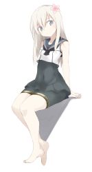 Rule 34 | 1girl, arms behind back, bare legs, barefoot, bike shorts, blonde hair, cosplay, covered navel, flower, foot dangle, grey eyes, hair between eyes, hair flower, hair ornament, invisible chair, kantai collection, long hair, one-piece swimsuit, pale skin, revision, ro-500 (kancolle), sailor collar, sailor shirt, school swimsuit, shadow, shigino sohuzi, shirt, sidelocks, simple background, sitting, sleeveless, sleeveless shirt, smile, solo, swimsuit, swimsuit under clothes, thigh strap, u-511 (kancolle), u-511 (kancolle) (cosplay), white background