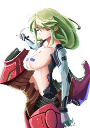 Rule 34 | 1girl, armor, automatic giraffe, breasts, cyborg, green hair, justin bailey, looking at viewer, metroid, nintendo, one eye closed, pasties, power armor, red eyes, retro, revealing clothes, samus aran, super smash bros., topless, varia suit, white background, zero suit