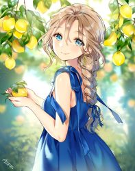 Rule 34 | 1girl, ancotaku, backlighting, bare arms, bare shoulders, blue dress, blue eyes, blue ribbon, blurry, blurry background, blush, braid, brown hair, closed mouth, commentary request, day, depth of field, dress, earrings, fingernails, food, fruit, hair between eyes, hair ribbon, holding, holding food, hoop earrings, jewelry, lemon, long hair, looking at viewer, looking to the side, original, outdoors, ribbon, signature, sleeveless, sleeveless dress, smile, solo