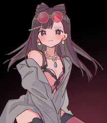 Rule 34 | 1girl, blush, brown eyes, brown hair, closed mouth, clothing request, earrings, highres, jewelry, kashiki yuno, lingerie, long hair, looking at viewer, milgram, mole, mole under eye, necklace, pink shirt, pink thighhighs, shirt, smile, solo, thighhighs, underwear, yayoripain