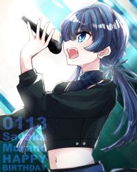 Rule 34 | 1girl, black jacket, blue eyes, blue hair, blue ribbon, blue shirt, character name, commentary request, cropped jacket, dark blue hair, dated, from side, hair ribbon, happy birthday, highres, holding, holding microphone, jacket, kanduki kamibukuro, link! like! love live!, long hair, long sleeves, looking afar, love live!, low twintails, microphone, midriff, mole, mole on neck, murano sayaka, music, navel, open mouth, plaid, plaid shirt, ribbon, shirt, singing, solo, teeth, twintails, v-shaped eyebrows