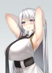 Rule 34 | 1girl, absurdly long hair, absurdres, armpits, arms behind head, azur lane, bare arms, bare shoulders, belt, black belt, black necktie, blush, breasts, collared shirt, commentary request, enterprise (azur lane), from side, grey background, hair lift, hat, highres, huge breasts, lips, long hair, looking at viewer, necktie, pink lips, purple eyes, shirt, silver hair, sleeveless, sleeveless shirt, solo, underbust, upper body, very long hair, white hat, yamanokami eaka