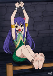 Rule 34 | 1girl, absurdres, ball gag, barefoot, bdsm, blue hair, bondage, bound, bound ankles, bound wrists, breasts, brown eyes, chain, chained, chained wrists, cuffs, fairy tail, gag, gagged, highres, legs, restrained, shadow xcp, variant set, wendy marvell