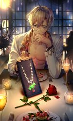 Rule 34 | 1boy, abs, alcohol, blonde hair, blue eyes, candle, cup, destiny child, drinking glass, flower, food, gel (chiericyan), glasses, hair between eyes, indoors, jacket, jewelry, juno (destiny child), long sleeves, male focus, necklace, night, official art, open clothes, open jacket, pectorals, plate, pov, red flower, red rose, rose, sitting, solo, table, white jacket, window, wine glass