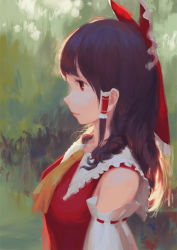 Rule 34 | 1girl, ascot, bare shoulders, brown hair, day, detached sleeves, expressionless, hair ribbon, hair tubes, hakurei reimu, jq, lips, long hair, outdoors, profile, red eyes, red vest, ribbon, ribbon-trimmed sleeves, ribbon trim, solo, touhou, upper body, vest