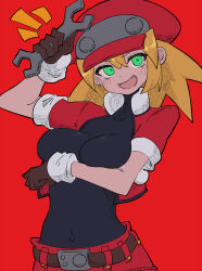 Rule 34 | 1girl, absurdres, arm under breasts, belt, blonde hair, breasts, brown gloves, buzzlyears, cabbie hat, covered navel, cropped jacket, gloves, green eyes, hat, highres, holding, holding wrench, jacket, long hair, medium breasts, mega man (series), mega man legends (series), open mouth, red hat, red jacket, red shorts, roll caskett (mega man), short sleeves, shorts, smile, solo, wrench
