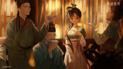 Rule 34 | 2boys, 2girls, backlighting, black eyes, black hair, black headwear, bowl, breasts, chinese clothes, chinese hairpin, closed eyes, closed mouth, copyright name, copyright notice, drinking, futou, green hanfu, green shirt, hair bun, hair ornament, hair over shoulder, hand up, hanfu, highres, holding, holding bowl, jewelry, jiu niangzi, lantern, layered sleeves, lizheng (reverse:1999), logo, long hair, long skirt, long sleeves, looking at viewer, multiple boys, multiple girls, necklace, no eyes, official art, official wallpaper, old, old man, paper lantern, red shawl, reverse:1999, shawl, shirt, short over long sleeves, short sleeves, single side bun, skirt, smile, tassel, tassel hair ornament, underboob, upper body, white skirt, white sleeves