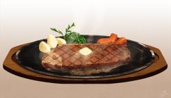 Rule 34 | brown background, butter, carrot, food, food focus, gradient background, grey background, meat, mocha (cotton), no humans, original, plate, potato, scenery, signature, steak, steam