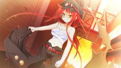 Rule 34 | 1girl, banchou, bandaged arm, bandages, belt, breasts, covered erect nipples, delinquent, frown, game cg, hat, koiseyo!! imouto banchou, long hair, medium breasts, navel, nogami hinoe, pants, peaked cap, red hair, sarashi, school uniform, solo, torn clothes, very long hair, yellow eyes
