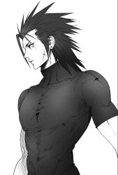 Rule 34 | 1boy, ah yoshimizu, alternate costume, black hair, black shirt, cross scar, earrings, expressionless, facial scar, facing to the side, final fantasy, final fantasy vii, greyscale, hair slicked back, highres, jewelry, male focus, monochrome, muscular, muscular male, scar, scar on cheek, scar on face, screentones, shirt, simple background, skin tight, solo, spiked hair, standing, stud earrings, turtleneck, turtleneck shirt, upper body, white background, zack fair