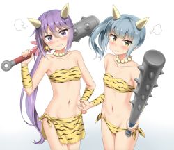 Rule 34 | 10s, 2girls, akebono (kancolle), alternate costume, bell, club, club (weapon), cowboy shot, embarrassed, flower, grey hair, groin, hair bell, hair between eyes, hair flower, hair ornament, holding, holding weapon, horns, jingle bell, kanabou, kantai collection, kasumi (kancolle), long hair, looking at viewer, midriff, multiple girls, navel, nedia (nedia region), oni, oni horns, pointing, pointing at viewer, purple eyes, purple hair, setsubun, side ponytail, spiked club, stomach, tiger stripes, tsundere, very long hair, weapon, yellow eyes
