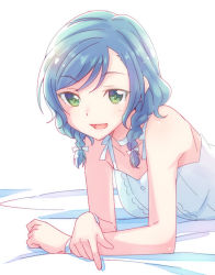 Rule 34 | 1girl, :d, bang dream!, bed sheet, blue hair, bow, bracelet, braid, choker, come hither, e20, fang, green eyes, hair bow, hikawa hina, jewelry, looking at viewer, lying, on stomach, open mouth, short hair, side braids, smile, solo, white bow, white choker