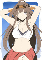 Rule 34 | 1girl, ahoge, alternate costume, armpits, arms behind head, arms up, artist name, bikini, border, breasts, cleavage, closed mouth, dated, highres, kantai collection, kongou (kancolle), large breasts, long hair, looking at viewer, one eye closed, outdoors, purple eyes, sky, smile, solo, swimsuit, taira yuuki, very long hair, white border