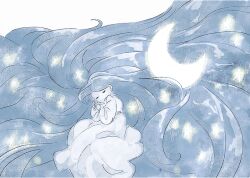 Rule 34 | 1girl, absurdly long hair, closed eyes, commentary request, crescent moon, dress, fantasy, glowing, hair spread out, long hair, long sleeves, lying, monaka (siromona), monochrome, moon, on side, original, simple background, sleeping, solo, star (symbol), very long hair