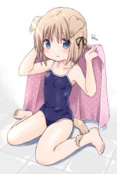 Rule 34 | 1girl, animal ears, arms up, barefoot, blue eyes, blue one-piece swimsuit, brown hair, competition school swimsuit, dog ears, dog girl, dog tail, feet, highres, one-piece swimsuit, original, pink towel, school swimsuit, short hair, sinasia, sitting, smile, solo, swimsuit, tail, thighs, tile floor, tiles, toes, towel