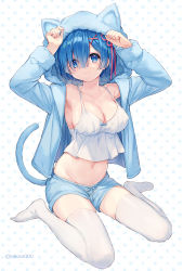 Rule 34 | 1girl, animal ears, animal hood, arms up, artist name, bare shoulders, blue eyes, blue hair, blue shorts, blush, breasts, cat ears, cat girl, cat hood, cat tail, cleavage, closed mouth, collarbone, commentary request, crop top, eikaa, full body, groin, hair ornament, hands up, hood, jacket, large breasts, long sleeves, looking at viewer, midriff, navel, no shoes, open clothes, open jacket, re:zero kara hajimeru isekai seikatsu, rem (re:zero), short hair, short shorts, shorts, sitting, solo, striped, tail, thighhighs, wariza, white thighhighs, x hair ornament
