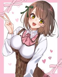 Rule 34 | 1girl, :d, absurdres, assault lily, belt, belt buckle, border, bow, bowtie, breasts, brown belt, brown hair, buckle, collared shirt, commentary request, corset, green ribbon, hair ribbon, hand up, head tilt, heart, heart background, highres, kikikaikai (kikikaikai chan), large breasts, long sleeves, looking at viewer, ludvico private girls&#039; academy school uniform, medium hair, multiple belts, open mouth, outside border, pink border, pink bow, pink bowtie, pink ribbon, pink skirt, ribbon, saeki julia karen, school uniform, shirt, skirt, smile, solo, standing, suspenders, teeth, underbust, upper body, upper teeth only, v, white background, white shirt, yellow eyes